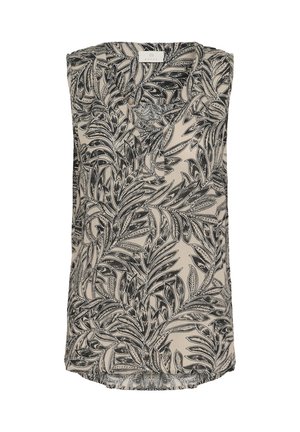 Blouse sans manches avec un décolleté en V, présentant un motif de feuilles noir et blanc sur un fond crème. Tissu léger avec un ourlet incurvé.