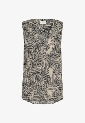 Blouse sans manches avec un décolleté en V, présentant un motif de feuilles noir et blanc sur un fond crème. Tissu léger avec un ourlet incurvé.