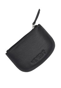 Sort læder møntpunge med en tekstureret overflade, rund form, lynlåslukning og embossing-logo detalje på forsiden.
