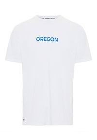 Witte katoenen T-shirt met het woord "OREGON" in dikke blauwe letters. Klassieke ronde hals en korte mouwen. Eenvoudig ontwerp zonder patronen.