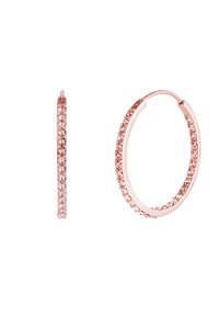 Roze gouden creolen met een gladde afwerking en ingelegd met kleine, sprankelende stenen. Het ontwerp is strak en gebogen.