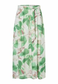 Jupe à imprimé floral avec un motif vert et beige, dotée d'une large ceinture et d'un détail à nouer, fabriquée en tissu léger.