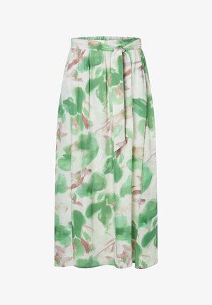 Rok met bloemenprint in een groen en beige patroon, met een brede tailleband en een strikdetail, gemaakt van lichtgewicht stof.
