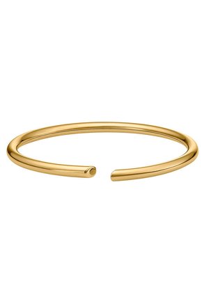 Open bangle bracelet, gold-colored metal, round smooth shape, minimalist design, with tapered ends and a seamless finish.