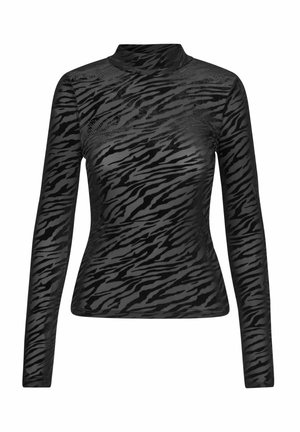 Črna dolgo rokavljena majica z visokim ovratnikom, z vzorcem zebra črt v različnih odtenkih črne, izdelana iz elastičnega, prosojnega blaga.