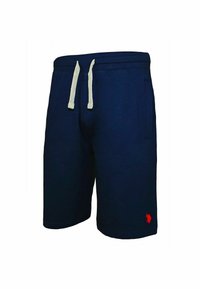 Shorts bleu marine en mélange de coton doux, avec une taille à cordon, des poches latérales, et un petit logo rouge sur la jambe gauche.