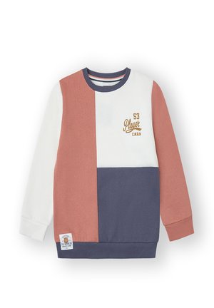 Sudadera con bloques de color que presenta paneles en blanco, rosa y navy. Cuello redondo con ribete acanalado y un logo bordado en el pecho.