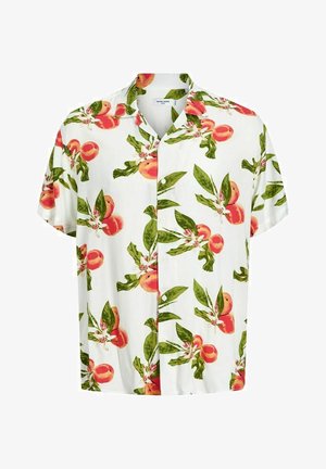 Kortærmet skjorte med knappelukning i hvidt stof, med et mønster af fersken og grønne blade, afslappet pasform og blød tekstur.