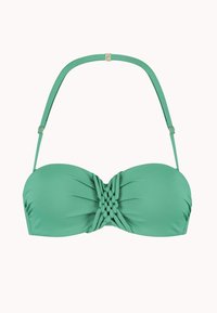 Top de bikini bandeau verde con detalle tejido texturizado en el centro, tirantes ajustables y tela suave.