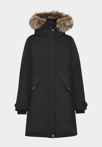 Zwarte parka met een bontgevoerd capuchon, twee voorzakken, drukknoopsluitingen en geribde manchetten, met een gladde stoftextuur overal.