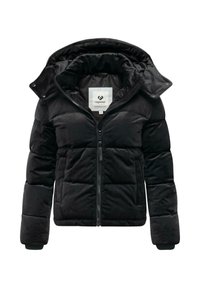 Veste noire rembourrée en matériau doux avec un col haut et une capuche. Elle possède une fermeture éclair avant et des poignets élastiques pour plus de chaleur.