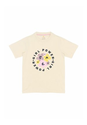 Kortærmet, cremet bomulds T-shirt med et cirkulært grafik med blomsterillustrationer og tekst, der læser "POWER GIRL" i sort.