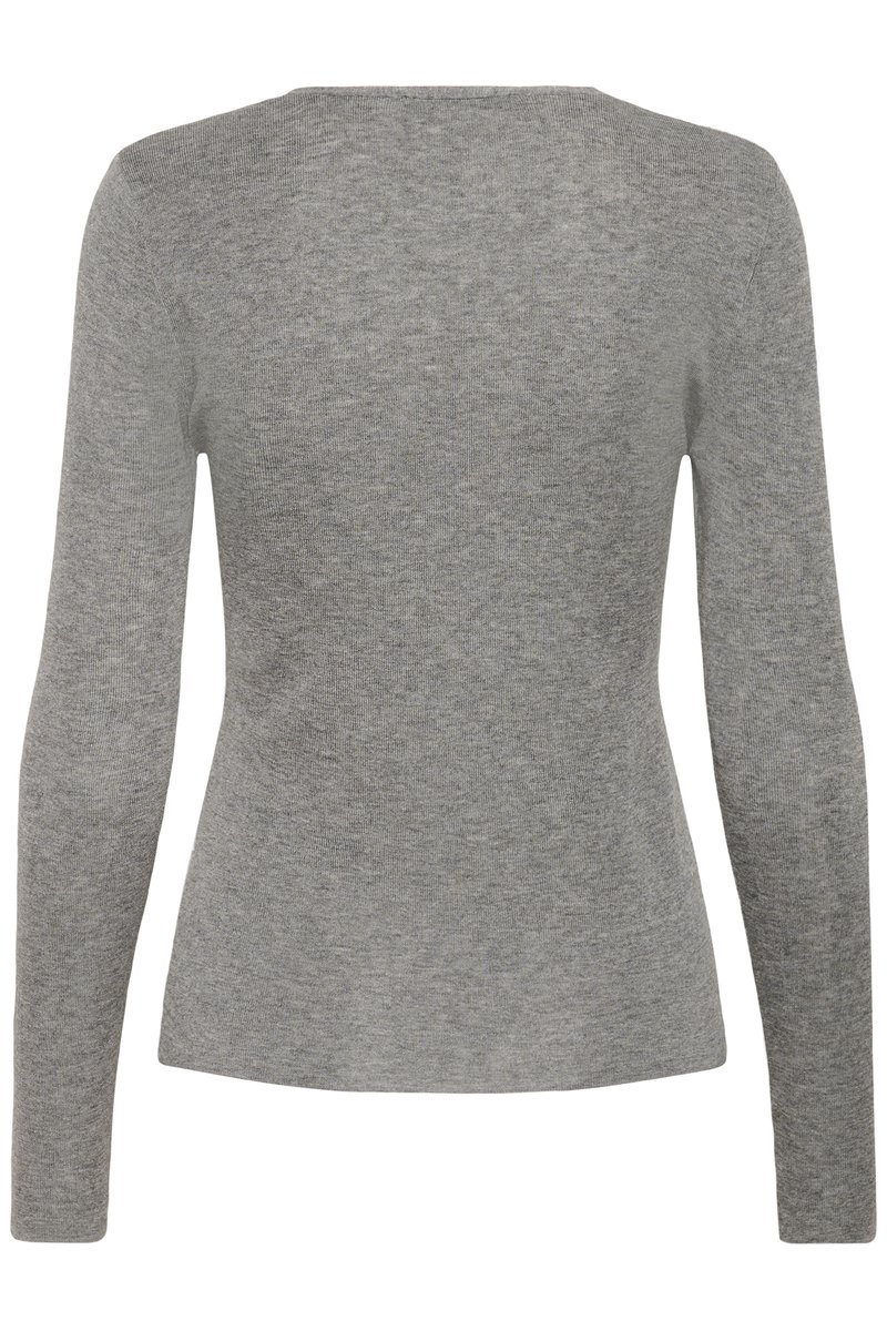 Top grigio a maniche lunghe in tessuto morbido e leggero con scollatura rotonda e texture liscia. Presenta assenza di motivi o decorazioni visibili.