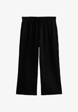 Schwarze weite Hose aus strukturiertem Stoff mit einem elastischen Bund und Kordelzug, die eine lockere Passform und ein bequemes Design bietet.