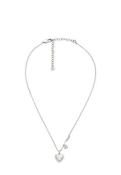 Silver chain necklace featuring a heart-shaped pendant with a mother-of-pearl inlay, and a small charm accent.