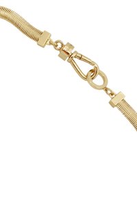 Catena in metallo color oro con un design testurizzato e flessibile. Presenta un gancio quadrato e una serratura circolare, enfatizzando uno stile elegante e moderno.