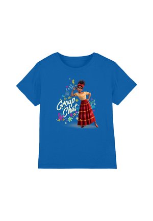 Blue cotton t-shirt featuring a character graphic with the text "In the Group Chat," bright colors, floral accents, and a lively design.
