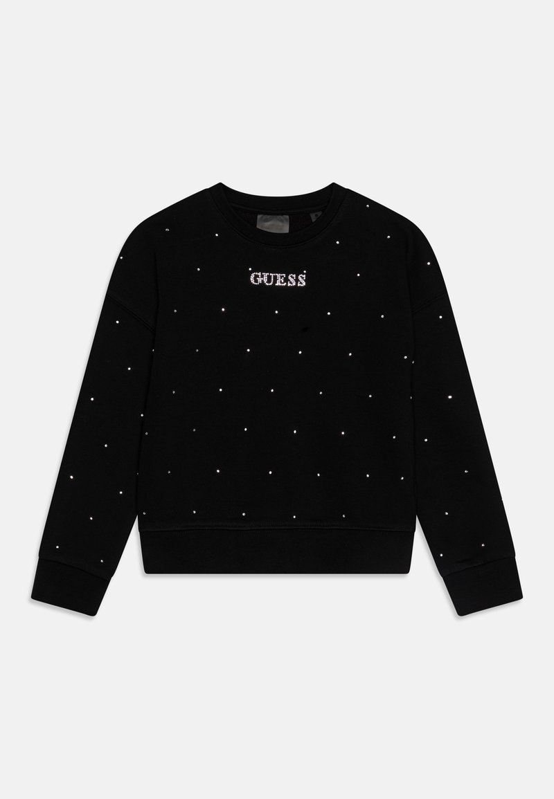 Felpa nera con scollo rotondo, caratterizzata da una finitura testurizzata e decorata con strass sparsi, inclusa la scritta "GUESS" in pietre.