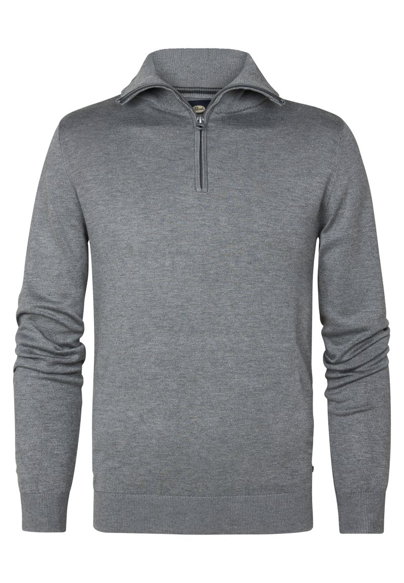 Pull gris avec un col zippé mi-hauteur, manches longues, poignets côtelés et ourlet. Fabriqué en tissu tricoté texturé. Design simple et classique.