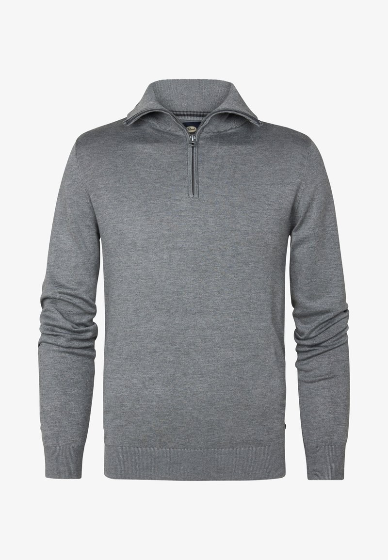 Pull gris avec un col zippé mi-hauteur, manches longues, poignets côtelés et ourlet. Fabriqué en tissu tricoté texturé. Design simple et classique.