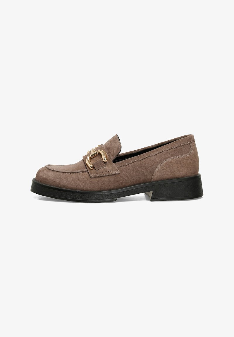 Brown suede loafers with a gold-tone buckle detail, black rubber sole, and stitching accents along the upper edge. Classic design.