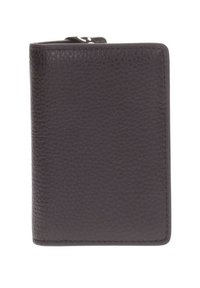 Portafoglio in pelle marrone scuro con superficie texture, forma rettangolare e chiusura zip nella parte superiore. Non presenta modelli o accentuazioni visibili.