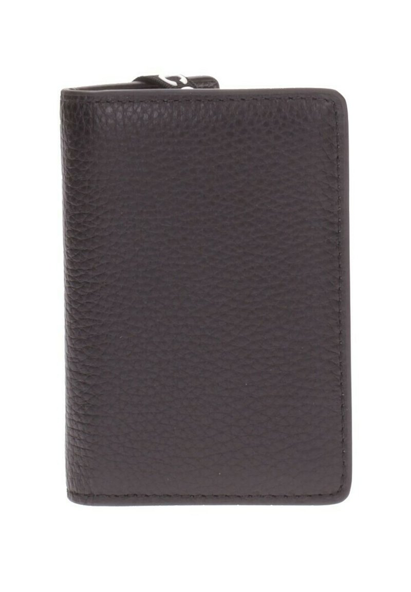 Portafoglio in pelle marrone scuro con superficie texture, forma rettangolare e chiusura zip nella parte superiore. Non presenta modelli o accentuazioni visibili.
