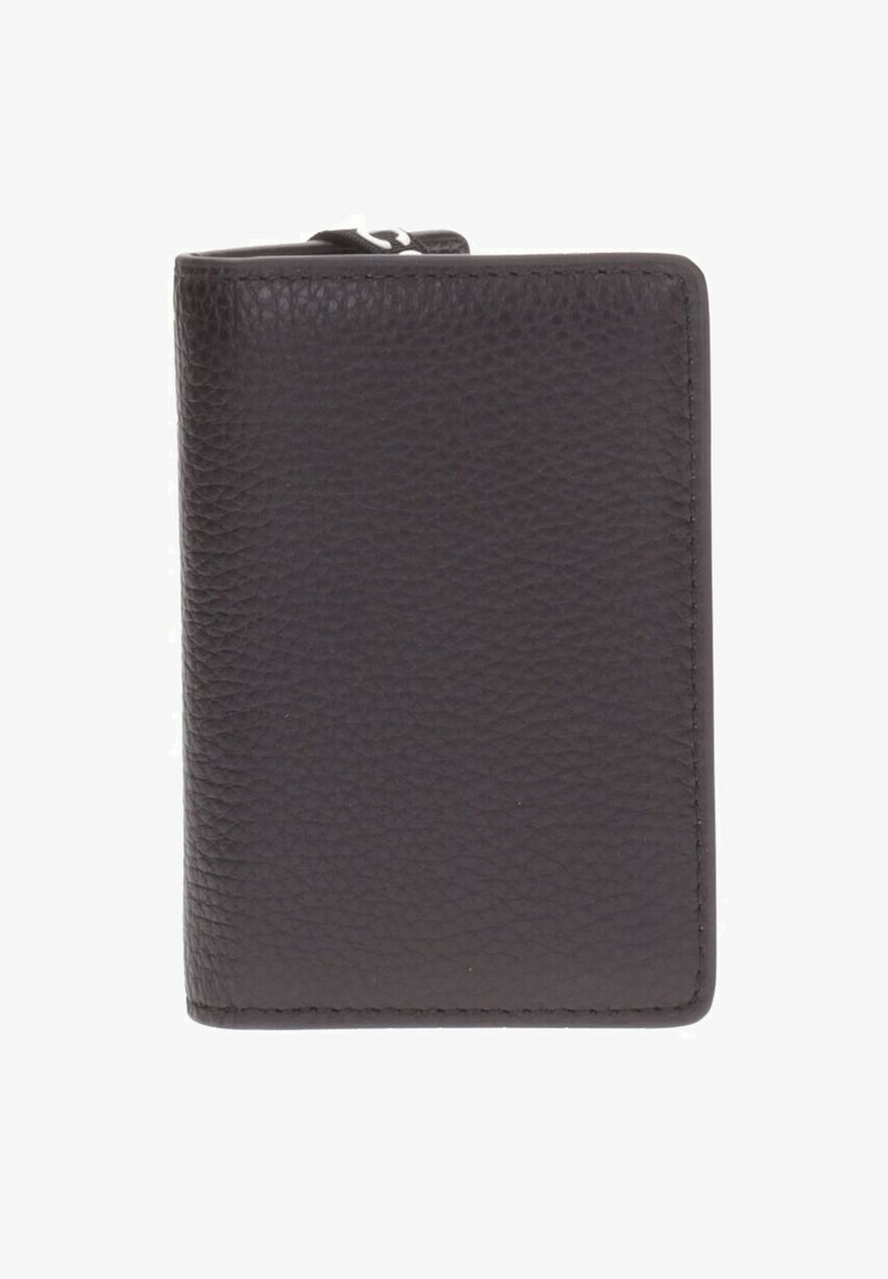Portafoglio in pelle marrone scuro con superficie texture, forma rettangolare e chiusura zip nella parte superiore. Non presenta modelli o accentuazioni visibili.
