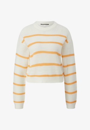 Pull blanc avec des rayures horizontales jaunes, texture côtelée, col rond et longues manches. Design cropped avec une coupe décontractée.