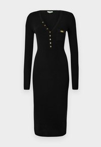 Black ribbed dress with long sleeves, V-neckline, gold accent buttons, and a small patch pocket on the chest, textured fabric.