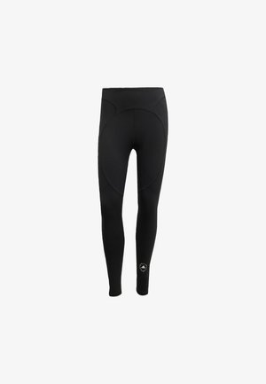 Kvinnelige svarte leggings laget av stretchy stoff, med høy midjebånd og sømløst design med en sirkulær bakpanel og logodetalj.