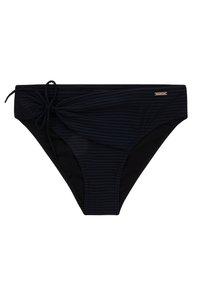 Juodas bikini apatinis trikotažas su tekstūruotu dryžuotu raštu, reguliuojama raištelių detalė vienoje pusėje ir kontrastinga vientisa medžiaga viduje.