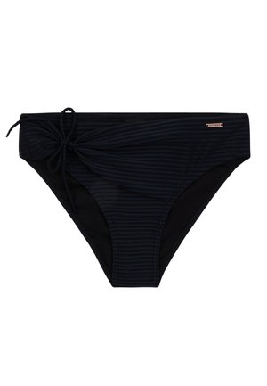 Parte inferiore di bikini nera con un motivo a righe testurizzato, dettaglio regolabile con fiocco su un lato e tessuto a tinta unita contrastante all'interno.