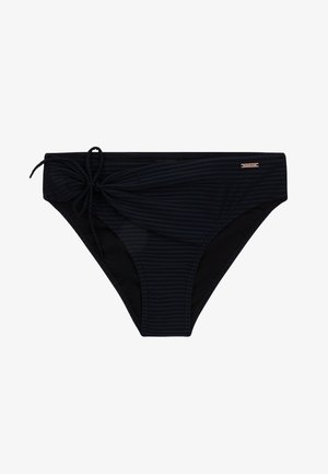 Čierne spodky bikín s textúrovaným prúžkovaným vzorom, nastaviteľné viazanie na jednej strane a kontrastná hladká látka vo vnútri.