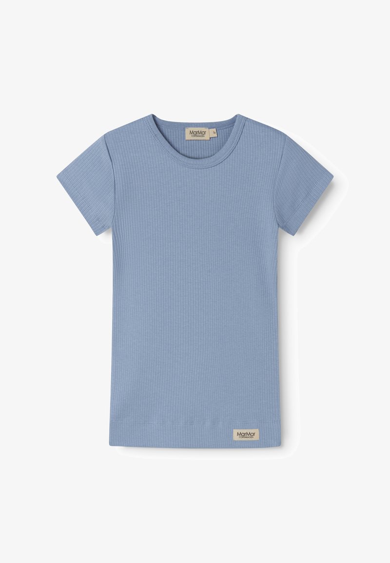 T-shirt à manches courtes côtelé bleu clair avec encolure ronde et étiquette MarMar Copenhagen à l'ourlet et à l'intérieur du col.
