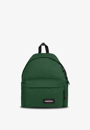 Dark green Eastpak backpack with front zip pocket, black zipper pulls, and top carry handle on a white background.
