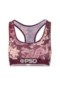 Maroon sportbeha met bloemen- en draakprint, racerback-stijl, en een brede elastische band met het PSD-logo in grijs.
