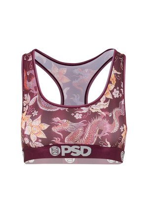 Maroon sports bra with floral and dragon print, racerback style, and a wide elastic band featuring PSD logo in gray.