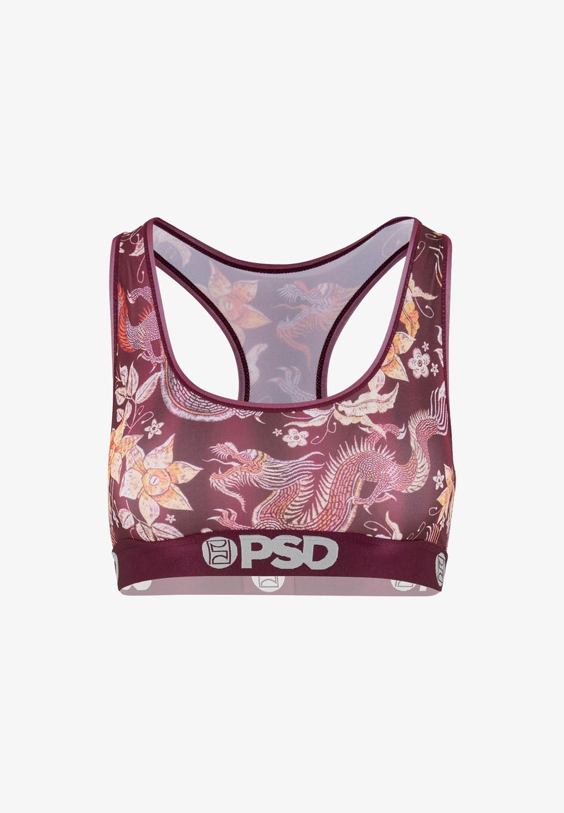 Maroon sportbeha met bloemen- en draakprint, racerback-stijl, en een brede elastische band met het PSD-logo in grijs.