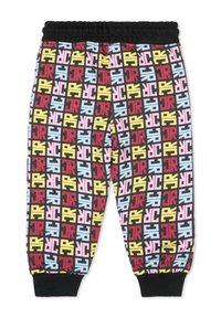 Pantaloni jogger neri con un motivo a logo ripetuto colorato in rosso, giallo, rosa e blu. Vita e polsini elasticizzati.