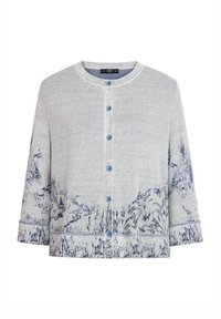 Light gray cardigan made of soft knit fabric, featuring a blue floral pattern at the hem and blue buttons along the front.