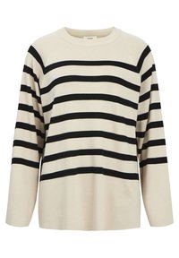 Cremfarbener Pullover mit schwarzen horizontalen Streifen. Verfügt über einen Rundhalsausschnitt, lange Ärmel und einen lässigen Schnitt. Hergestellt aus gestricktem Stoff.