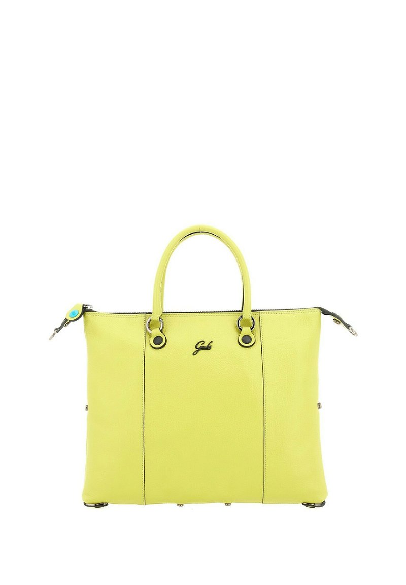 Borsa a tracolla in pelle gialla con doppi manici, dettagli neri e chiusura con zip. Presenta un logo sul fronte e un cursore della zip decorativo.