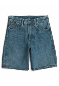 Leren spijkerbroekshorts in lichtblauw, met een vijf-pocket ontwerp, knoopsluiting en een licht vervaagde textuur. Schoon zoom met minimale details.