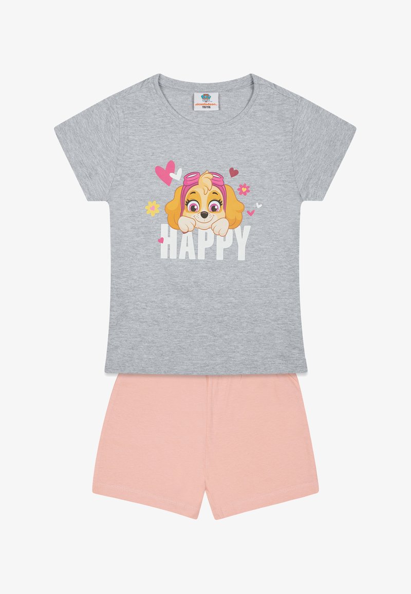 Gray cotton t-shirt with a cartoon dog design and the word "HAPPY" below; paired with soft pink cotton shorts, short sleeves.