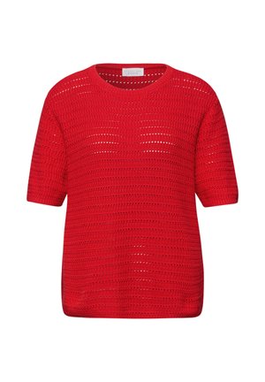 Červený krátký svetr s krátkými rukávy s horizontálními průhlednými pruhy a kulatým výstřihem, zobrazený na bílém pozadí.