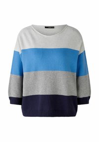 Sweter dziany w poziome paski w kolorach jasnoszarym, niebieskim, szarym i granatowym. Miękka faktura z szerokim dekoltem i prążkowanym dołem.