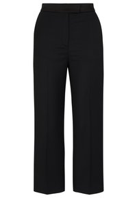 Černé kalhoty s širokými nohavicemi a hladkou texturou, s plochým pasem a čistými předními sklady, vyrobené z lehkého materiálu.