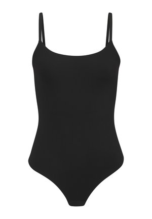 Black one-piece swimsuit with thin adjustable straps, a smooth texture, and a high-cut leg design. Simple, seamless construction without embellishments.