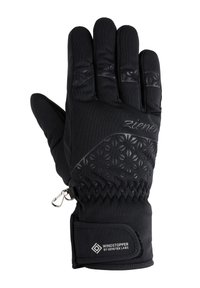 Schwarzer thermischer Handschuh mit strukturiertem Griffmuster, elastischem Bündchen und metallischem Clip. Hergestellt mit Windstopper von Gore-Tex Labs für Wetterbeständigkeit.